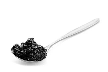 Outdoor-Kissen Black caviar in spoon on white background © Africa Studio