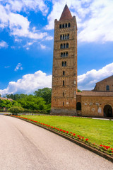 Pomposa Abbey, medieval church and campanile tower. Codigoro Ferrara, Emilia Romagna, Italy