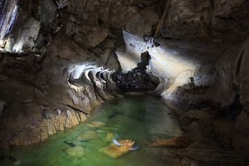 Underground river in clearwater cave Gunung Mulu national park Borneo Malaysia