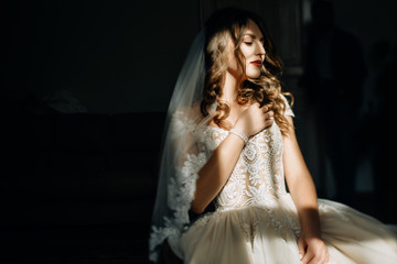 Mysterious picture of stunning bride hidden under light veil