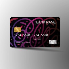 Realistic detailed credit cards. With inspiration from the abstract purple and black color on the gray background. Glossy plastic style. Vector illustration design