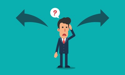 Businessman confused make choice standing in front of two arrows