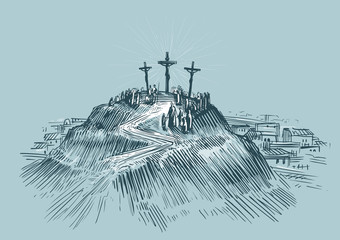 Naklejka premium Jesus on cross. Mount Golgotha. Art sketch vector illustration