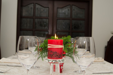 	Front view of a set table for Christmas