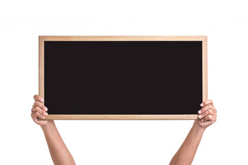 Human hand holding blackboard with wooden frame isolated on white