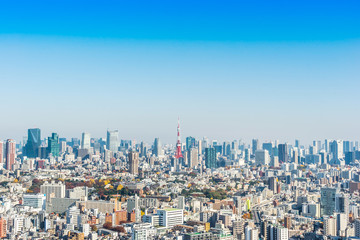 Fototapeta na wymiar Asia Business concept for real estate and corporate construction - panoramic modern city skyline bird eye aerial view of tokyo tower under blue sky in Tokyo, Japan