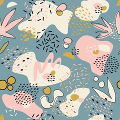 Abstract seamless pattern with chaotic painted elements. Vector Hand drawn texture with different lines, dots and shapes. Creative universal artistic Fun background in Scandinavian style.