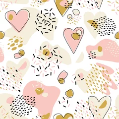 Fotobehang Abstract  Cute seamless pattern with chaotic painted Hearts. Valentine's day vector texture with hand drawn Hearts and with different lines, dots and shapes. © n.bird