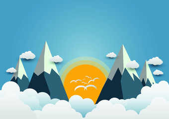 Birds fly to the sun and beautiful mountains with beautiful clouds.paper art