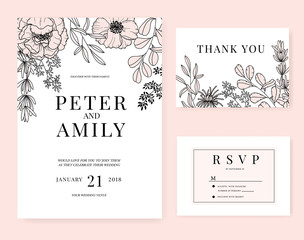 wedding invitation card with flower template pink set
