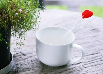 White coffee cup with red heart decoration closeup on green fresh flower pot in the morning blur nature background
