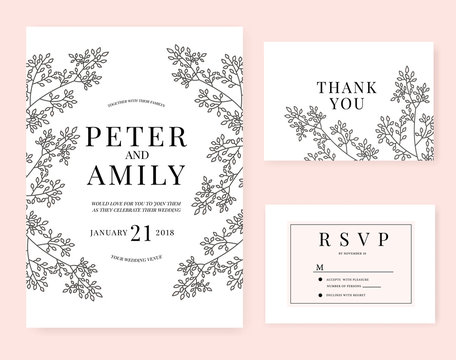 wedding invitation card with flower template pink set
