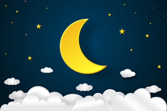 Big half moon, clouds and stars in the dark night as paper art and craft style concept. vector illustrator.