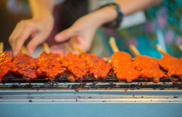 Colorful roasted food placed on the grill.