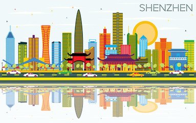 Shenzhen China City Skyline with Color Buildings, Blue Sky and Reflections.