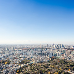 Asia Business concept for real estate and corporate construction - panoramic modern city skyline bird eye aerial view of Shinjuku & Shibuya under blue sky in Roppongi Hill, Tokyo, Japan