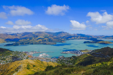Naklejka na ściany i meble Beautiful view of Lyttelton Port and Harbour from the Christchurch Gondola Station at the top of the Port Hills, Christchurch, Canterbury, New Zealand.