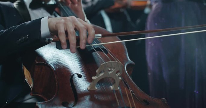 symphony orchestra performance, stringed instrument cello detail shot