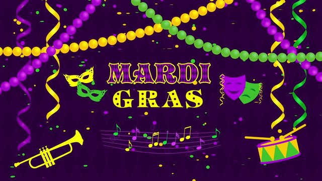 Mardi Gras Animation with masks and confetti. Motion graphics