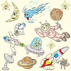 childrens illustration with the characters on the space theme