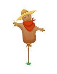 Scarecrow. Cartoon Stuffed Man in a Red Armband and Straw Hat