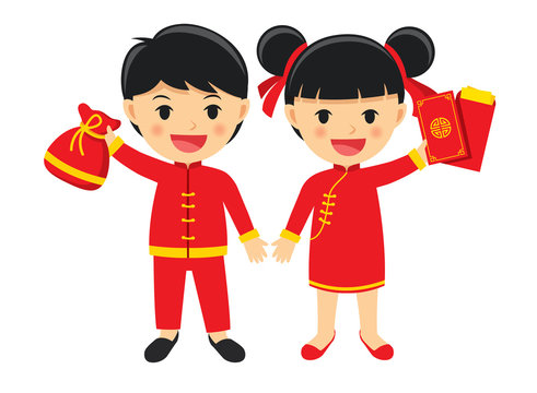 Happy boy and girl in traditional clothes celebrate get chinese red packet.