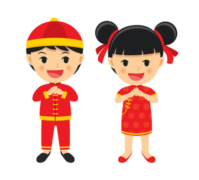 Happy chinese new year boy and girl in traditional clothes celebrate. Set of character cartoon isolated on white background.