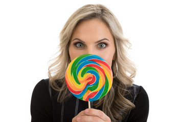 Woman Holding Rainbow Lollipop