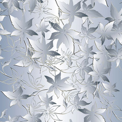 Silver floral 3d seamless pattern. Vector flourish light background with abstract flowers, maple leaves, branches. 3d  surface ornaments. Luxury design for wallpapers, fabric, prints, textile
