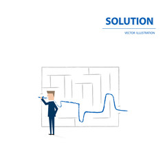 Business solution and success concept vector symbol with businessman drawing line through maze. Vector illustration.