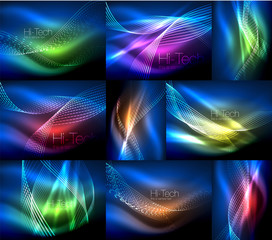 Set of elegant flowing neon waves, digital abstract backgrounds