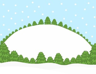 winter season, abstract hand draw doodle many tree on hill of snow landscape at day time, copy space for word, illustration
