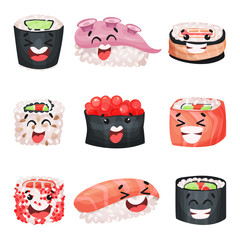 Sushi cartoon characters set, Japanese food with funny faces vector Illustrations