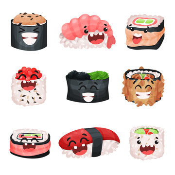 Funny cute sushi and sashimi cartoon characters set, Japanese food with funny faces vector Illustrations