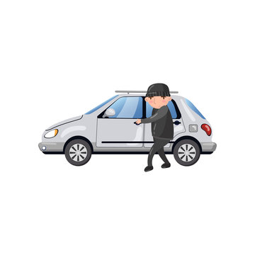 Professional car thief character stealing and breaking car door, auto insurance concept cartoon vector Illustration