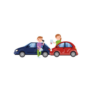 Two cars involved in a car wreck, auto insurance concept cartoon vector Illustration