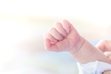 newborn baby little hand close up in soft background with copy space