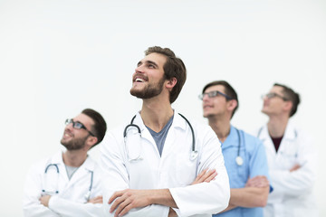 Fototapeta premium chief physician and colleagues looking at copy space