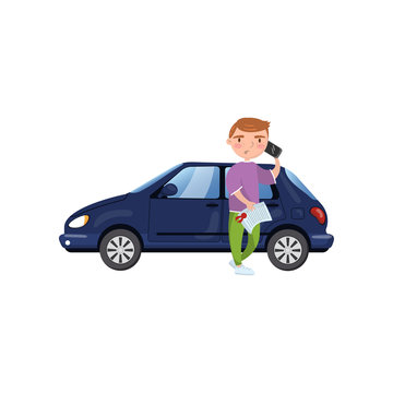 Man holding insurance document and talking by phone while standing in front of blue car, showing paper document, car insurance concept cartoon vector Illustration