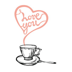 Love You text isolated on white background. Love You hand drawn lettering as Valentines Day card. Template for banner, poster, web, menu, coffee shop, greeting card. Design element. 