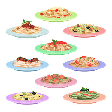 Italian pasta set, spaghetti dishes on plates cartoon vector Illustrations