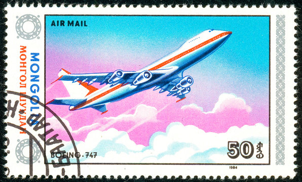 Ukraine - circa 2018: A postage stamp printed in Mongolia show aircraft Boeing 747. Series: Airplanes. Circa 1984.