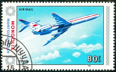 Ukraine - circa 2018: A postage stamp printed in Mongolia show aircraft Tu-154. Series: Airplanes. Circa 1984.