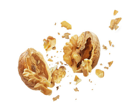 Walnut is torn to pieces on white background