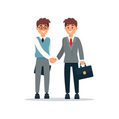 Obraz premium Business people cooperation agreement, handshake of two businessmen, productive partnership cartoon vector Illustration