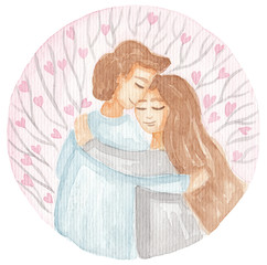 Watercolor valentine illustrations isolated on white. Wreath,pigeons,envelopes,bottle,hearts for romantic,wedding,valentines day design