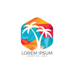 Tropical beach and palm tree logo design.