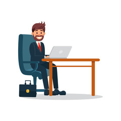 Smiling businessman working with laptop computer, business character working in office cartoon vector Illustration