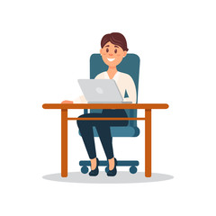Smiling businesswoman sitting at the desk working with laptop computer, business character working in office cartoon vector Illustration