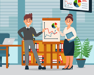 Business people explaining information graphics on flip chart, business characters working in office, modern office interior vector Illustration,